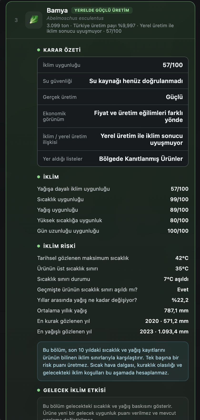 Bir ürünün karar özeti ve iklim bağlamını gösteren Tarım Motoru paneli